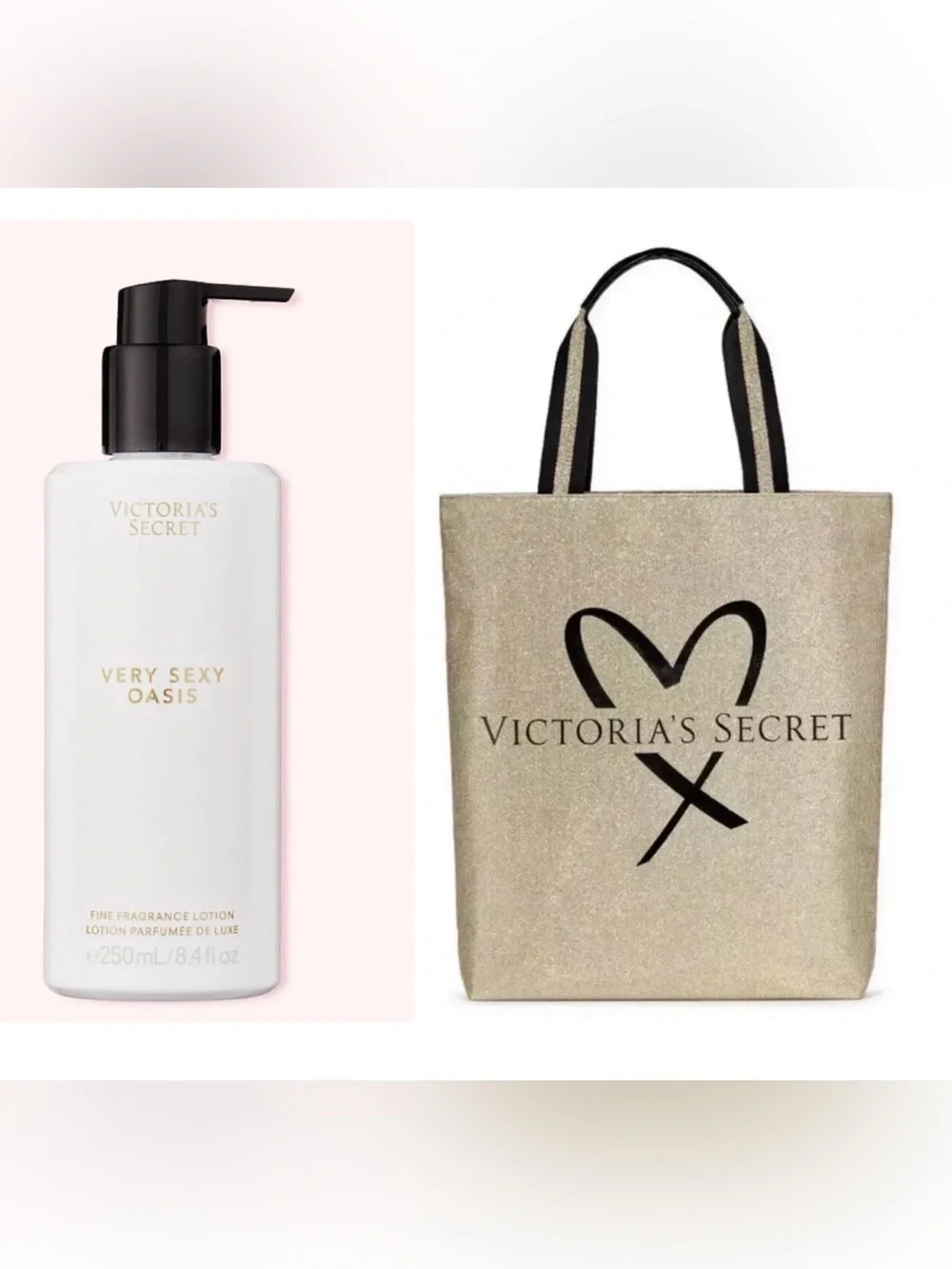 Victoria's Secret VERY SEXY OASIS Fragrance Lotion + Gold Fashion Show Tote Bag